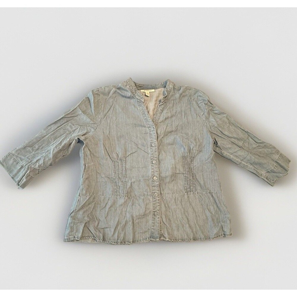 JM Collection Womens Size 16 Blue Chambray Blouse Tencel Button Front 3/4 Sleeve